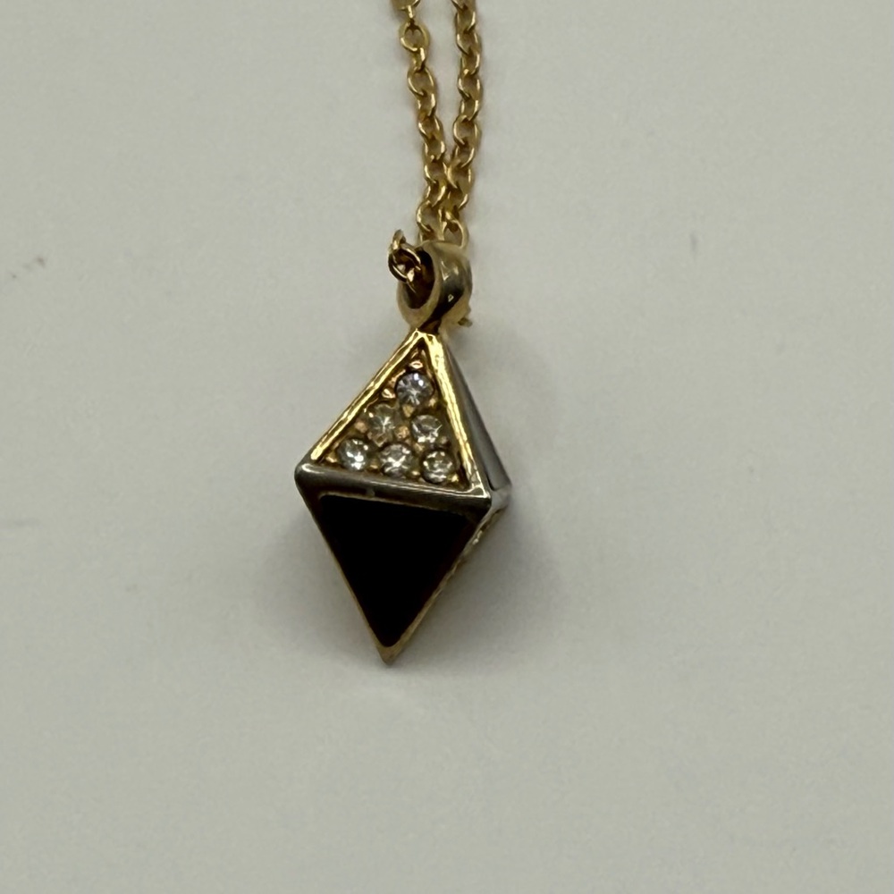Vintage Dior Gold rhinestones, and black Triangle Pendant with chain Necklace - Picture 9 of 12